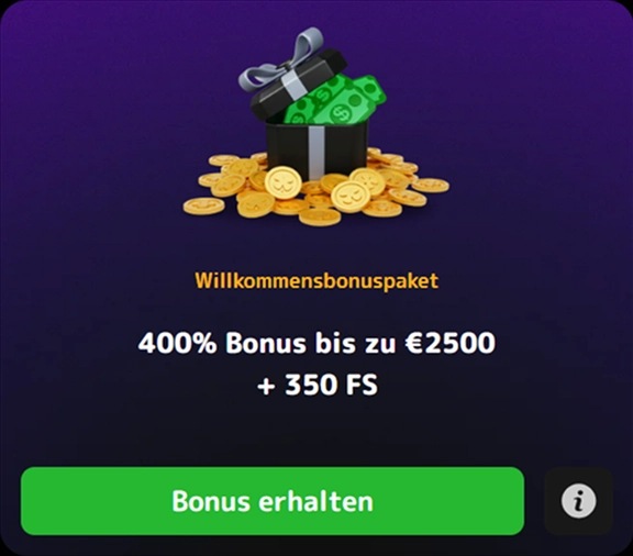 bonus-1 Willkommensbonuspaket 400% bis 2500 Euro 350 FS