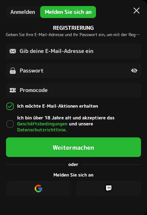 registration Winserra Registrierung E-Mail Passwort Promocode