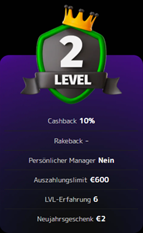 vip-2 VIP Level zwei Auszahlungslimit 600 Euro